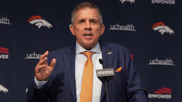 Denver Broncos head coach Sean Payton speaks at the UCHealth Training Center.
